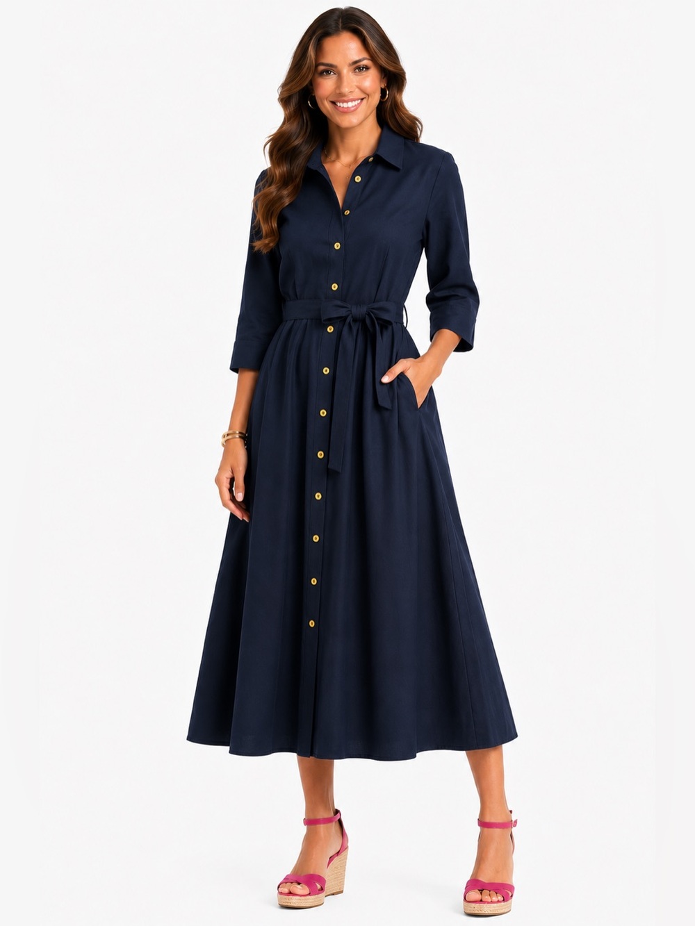Sharagano Navy Button-Front Midi Dress with Tie Waist